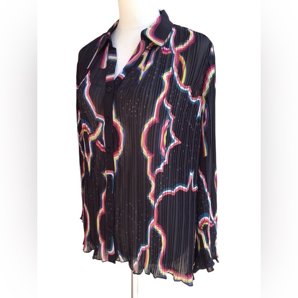 Catherine Malandrino Retro Black Crinkle Button-Down Long Sleeve Blouse … - Picture 6 of 14